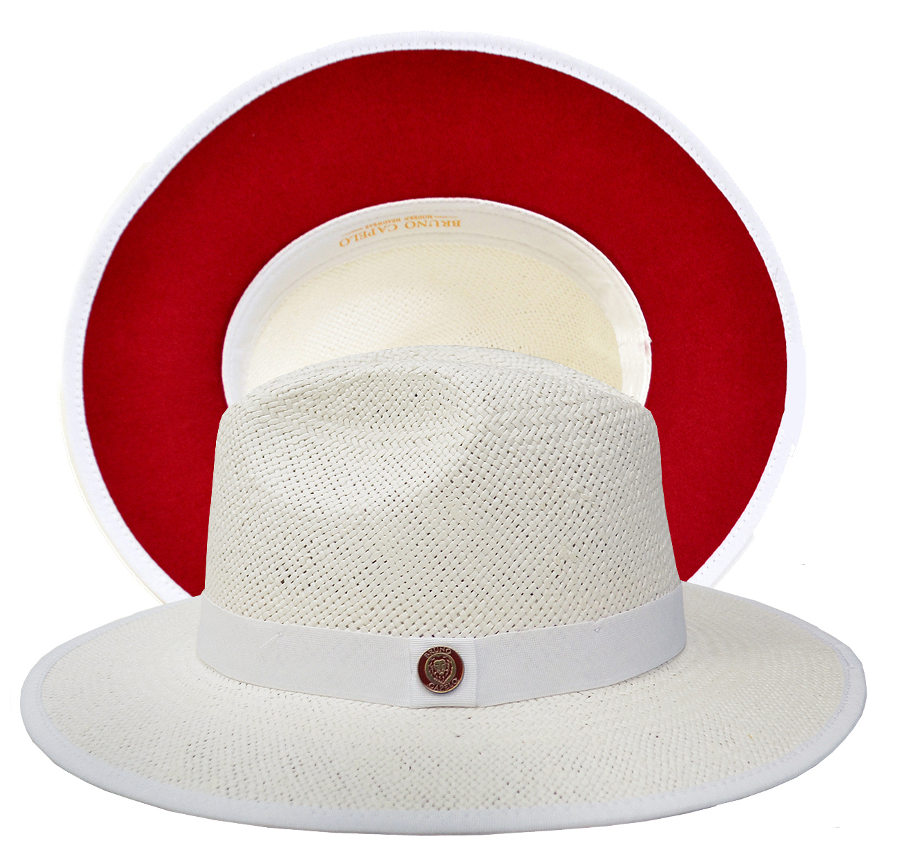Bruno Capelo White / Burnt Red Bottom Flat Brim Straw Fedora Hat KI-511